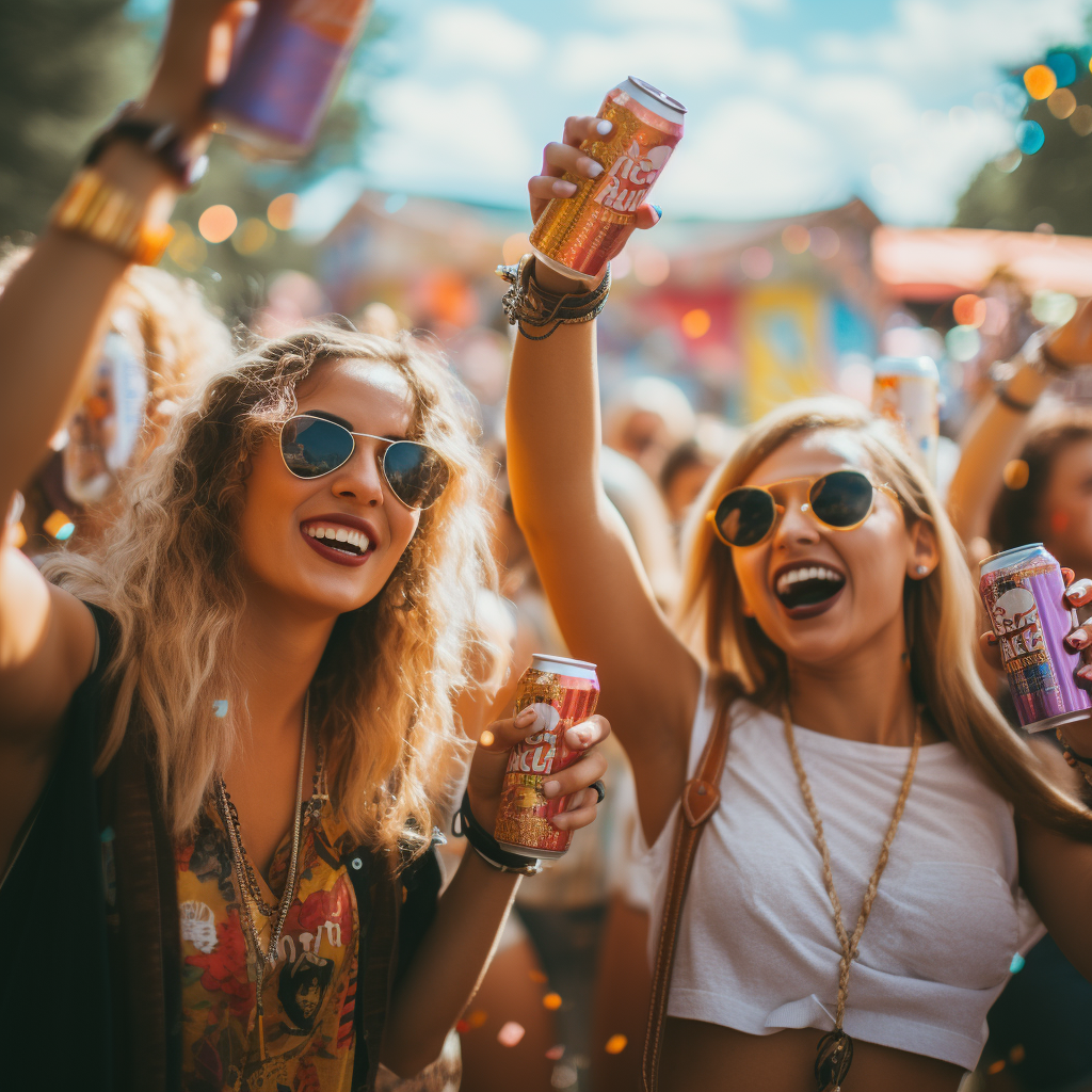 Females dancing at outdoor music festival with soda cans