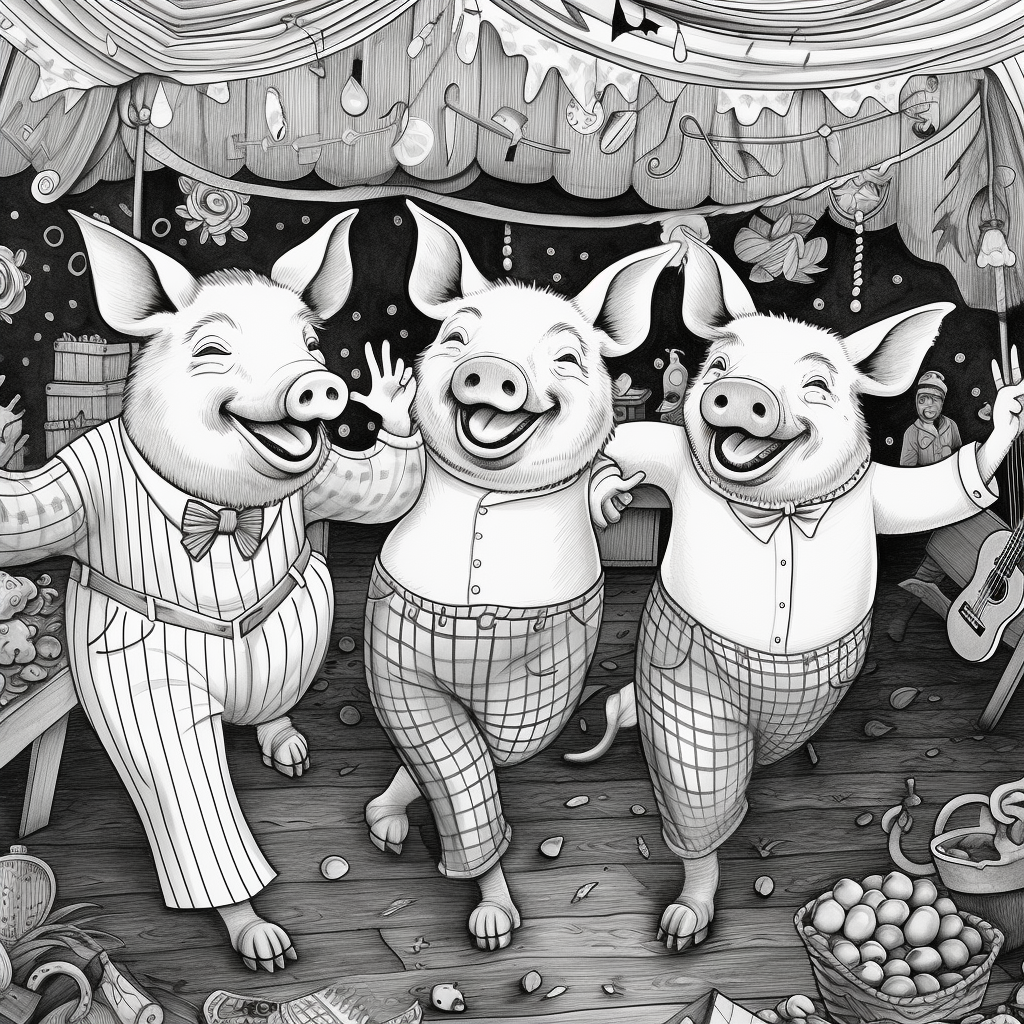 Hand-drawn dancing pigs having a party