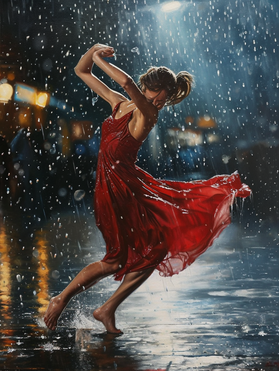 Dancing woman in the rain, embracing modernity and surrealism