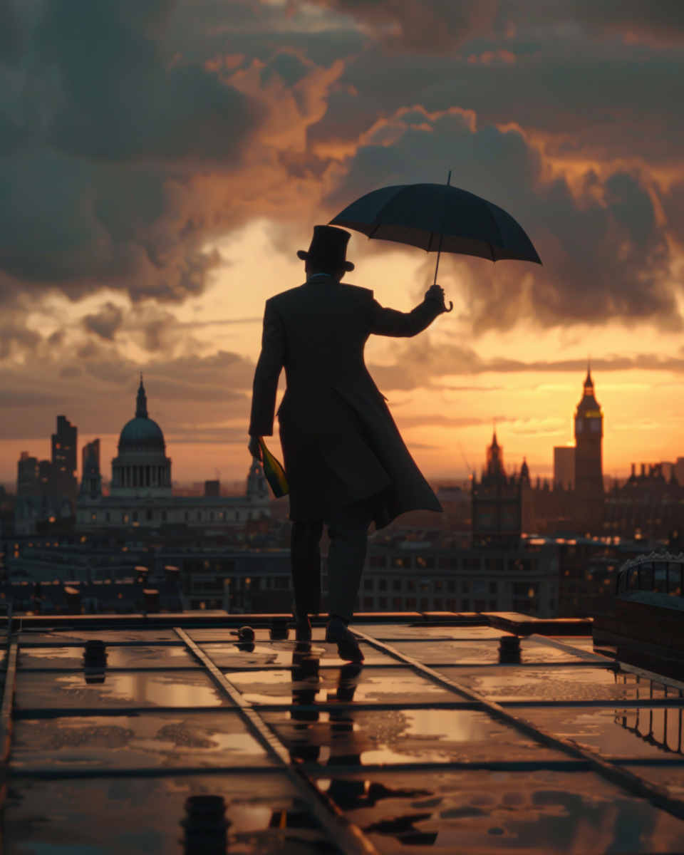 Dandy man in suit with umbrella and champagne