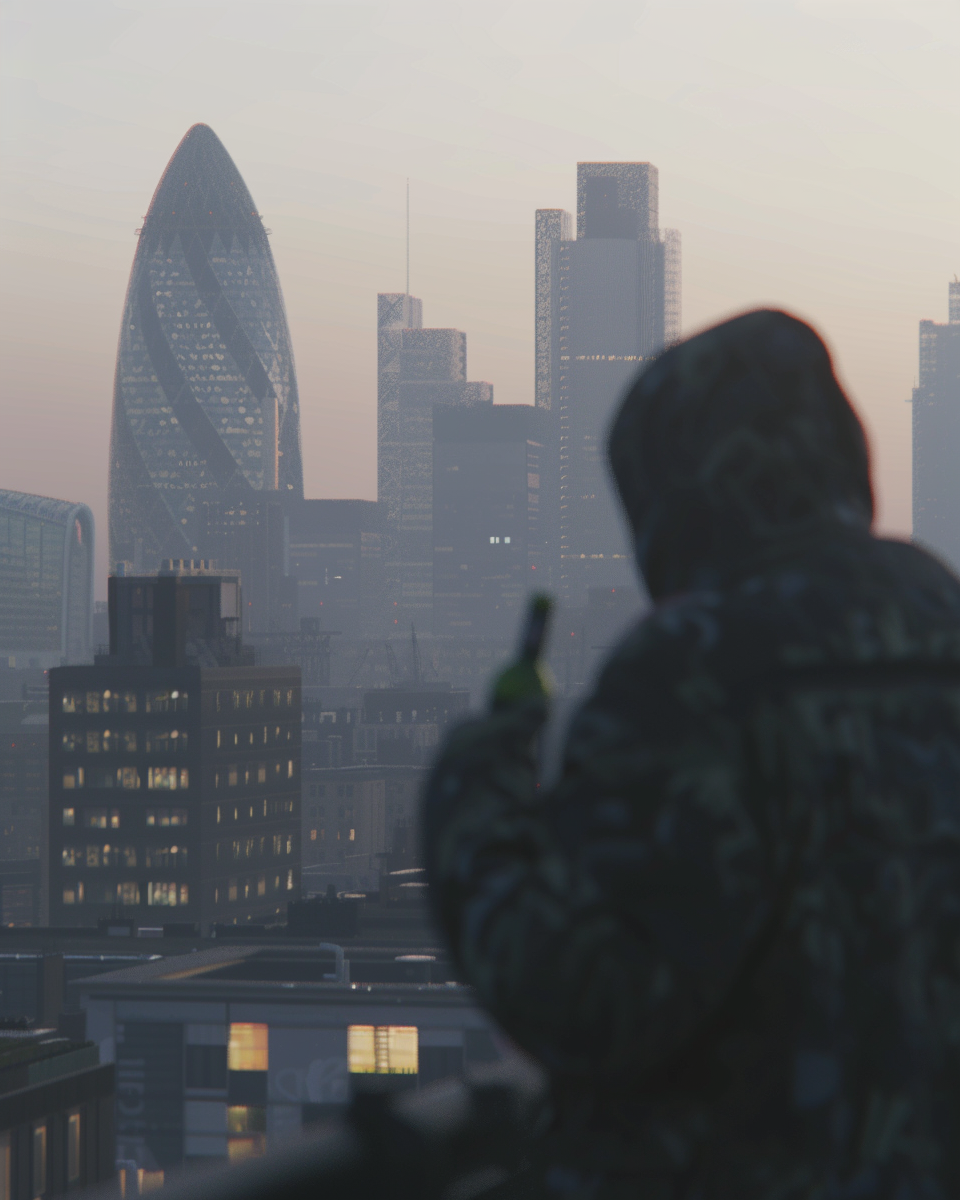 Dandy man dancing on London rooftop