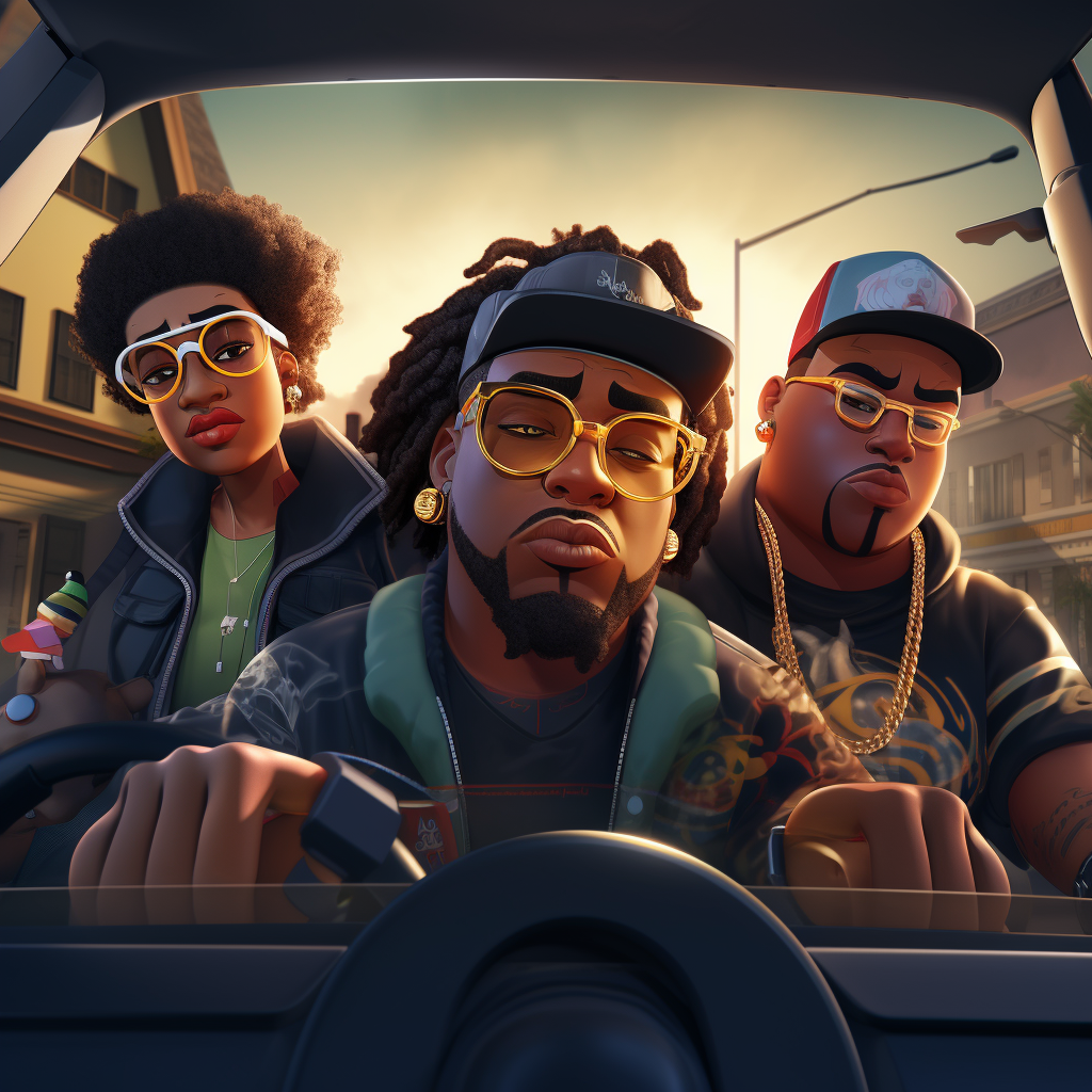 Cartoon black rappers driving in dangerous neighborhood