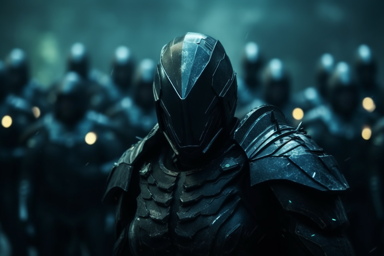 Close up portrait of Dangerous Sci-fi Army in light Malachit armor