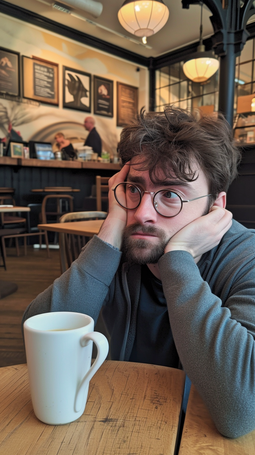 Daniel Radcliffe as Harry Potter in a cafe