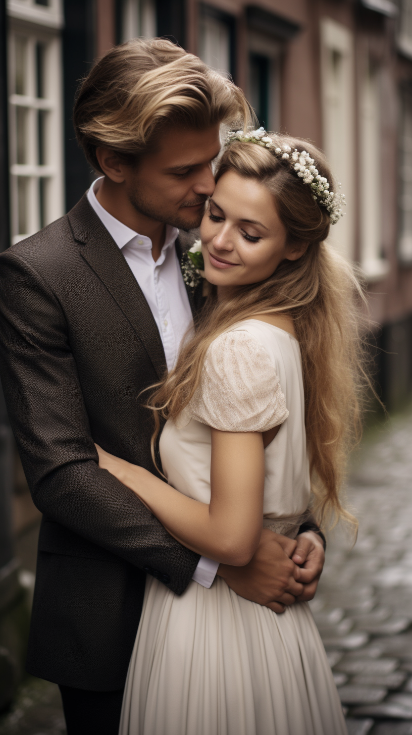 Danish bride and groom embracing romantically