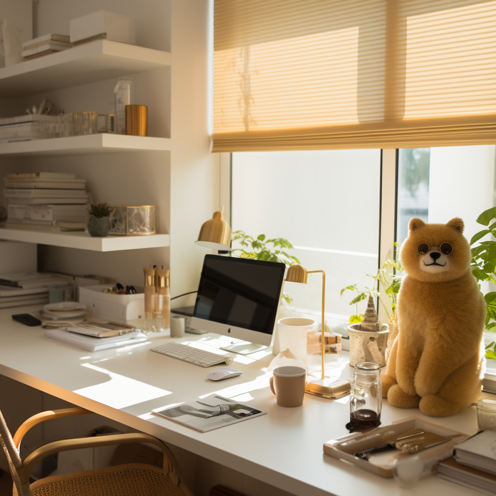 Minimalist Danish designer desk with sunray blinds and lighting