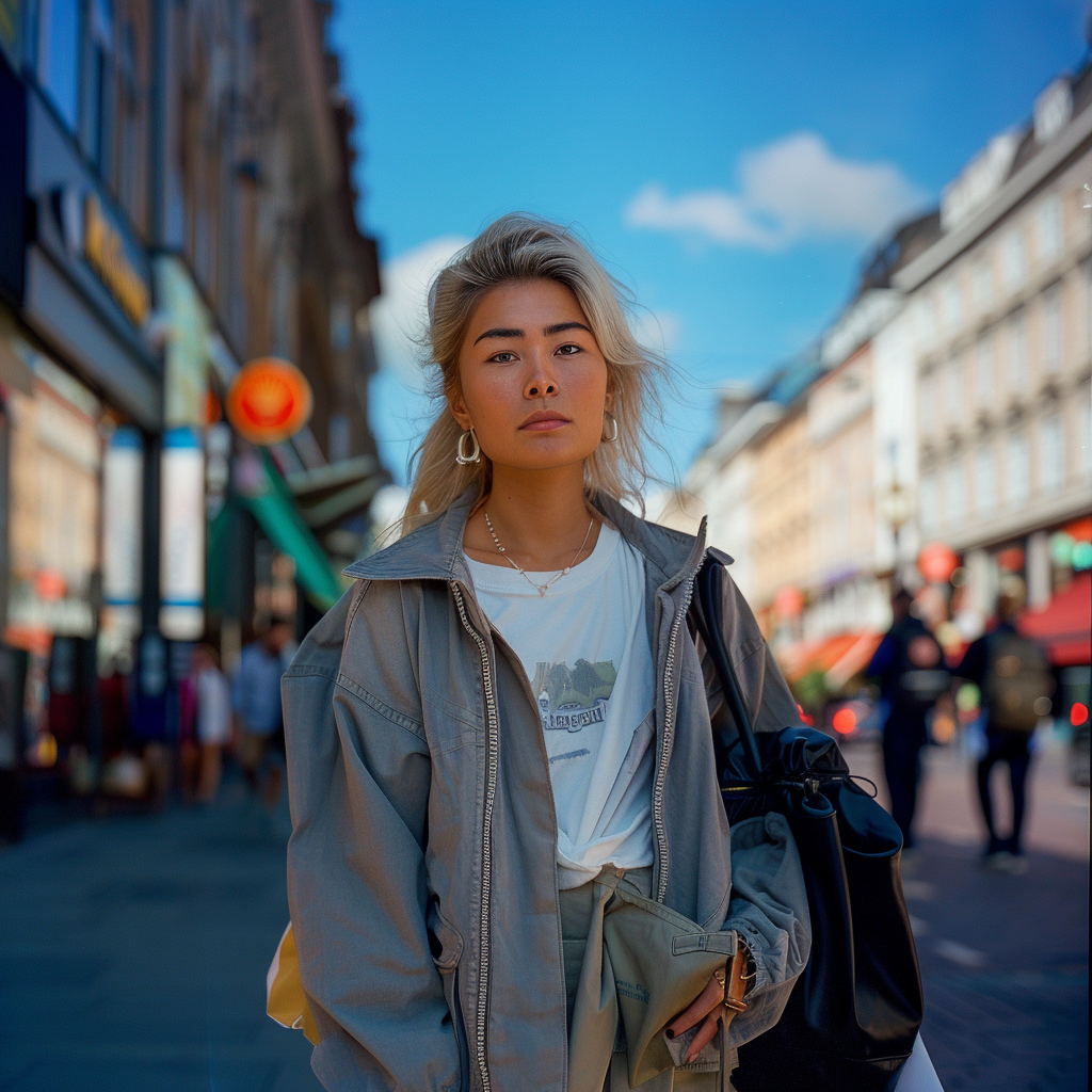 Danish woman street shopping trendy