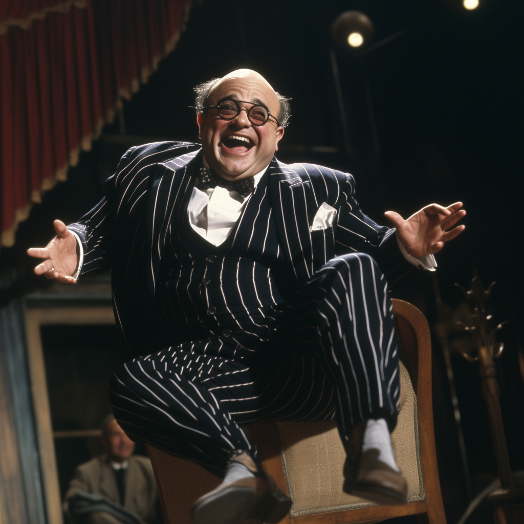 Likable Danny DeVito in pinstripe suit