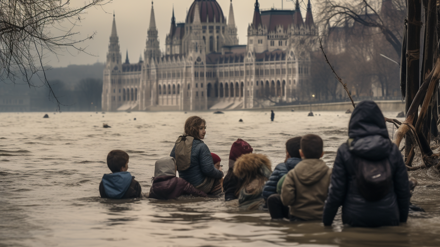 Flooded Budapest with People and Children