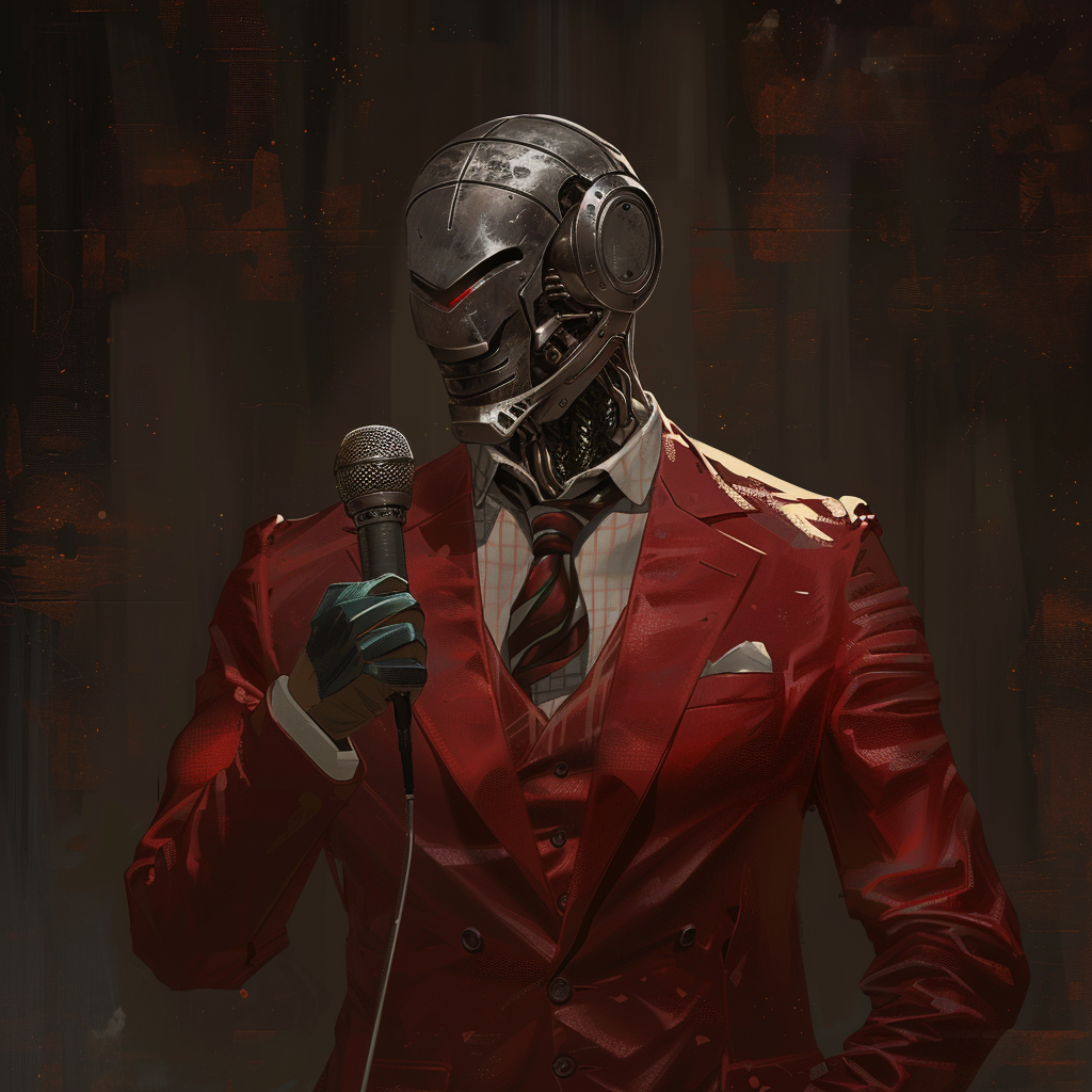 Warforged in red suit with mic