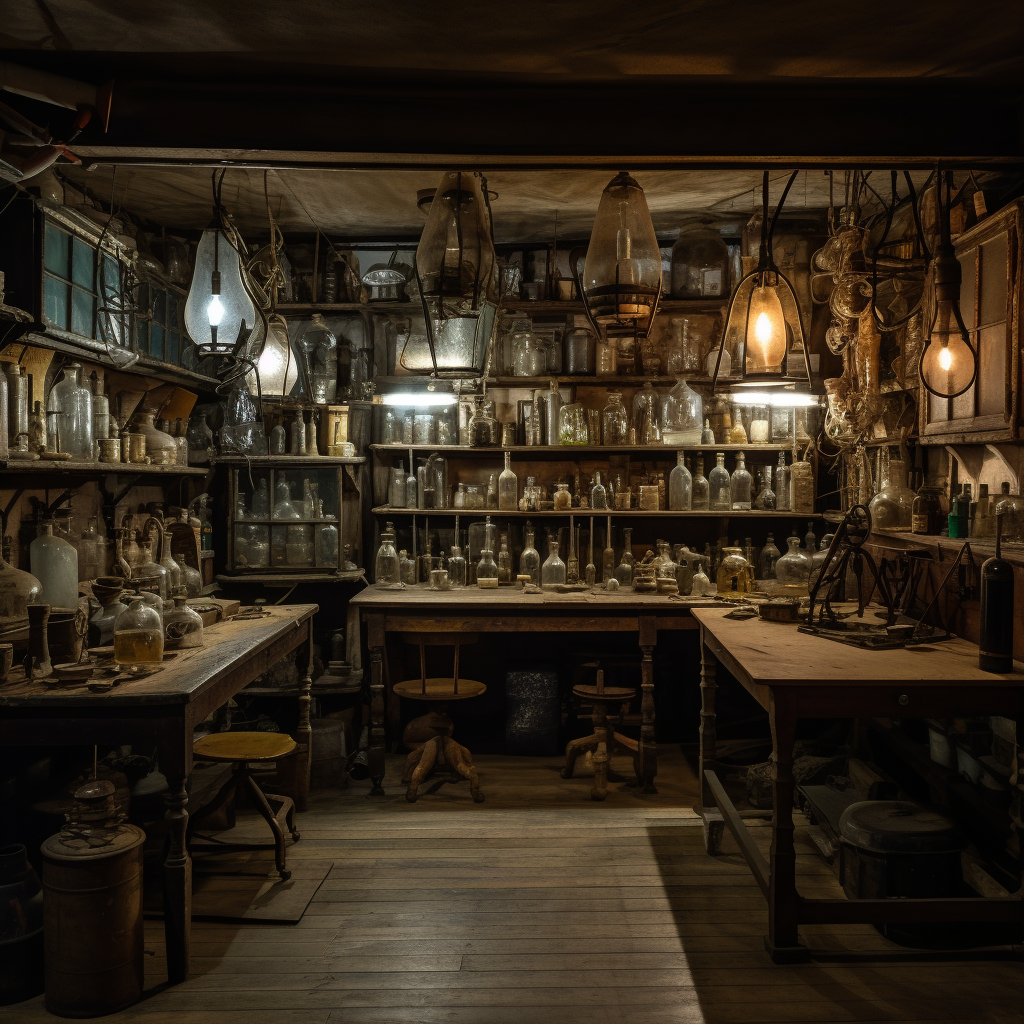 Antique lightbulbs in a dark laboratory