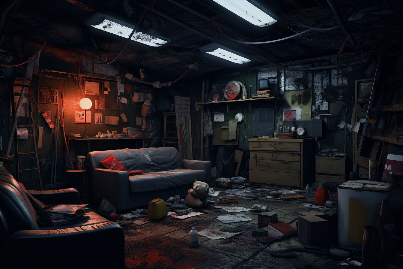 Dark 80s-inspired messy bunker house interior