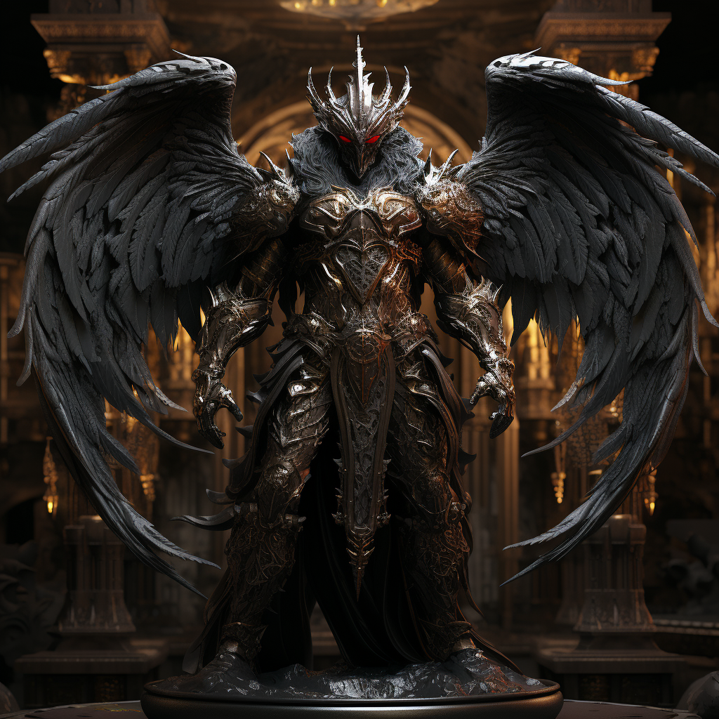 Dark angel knight statue protecting temple entrance