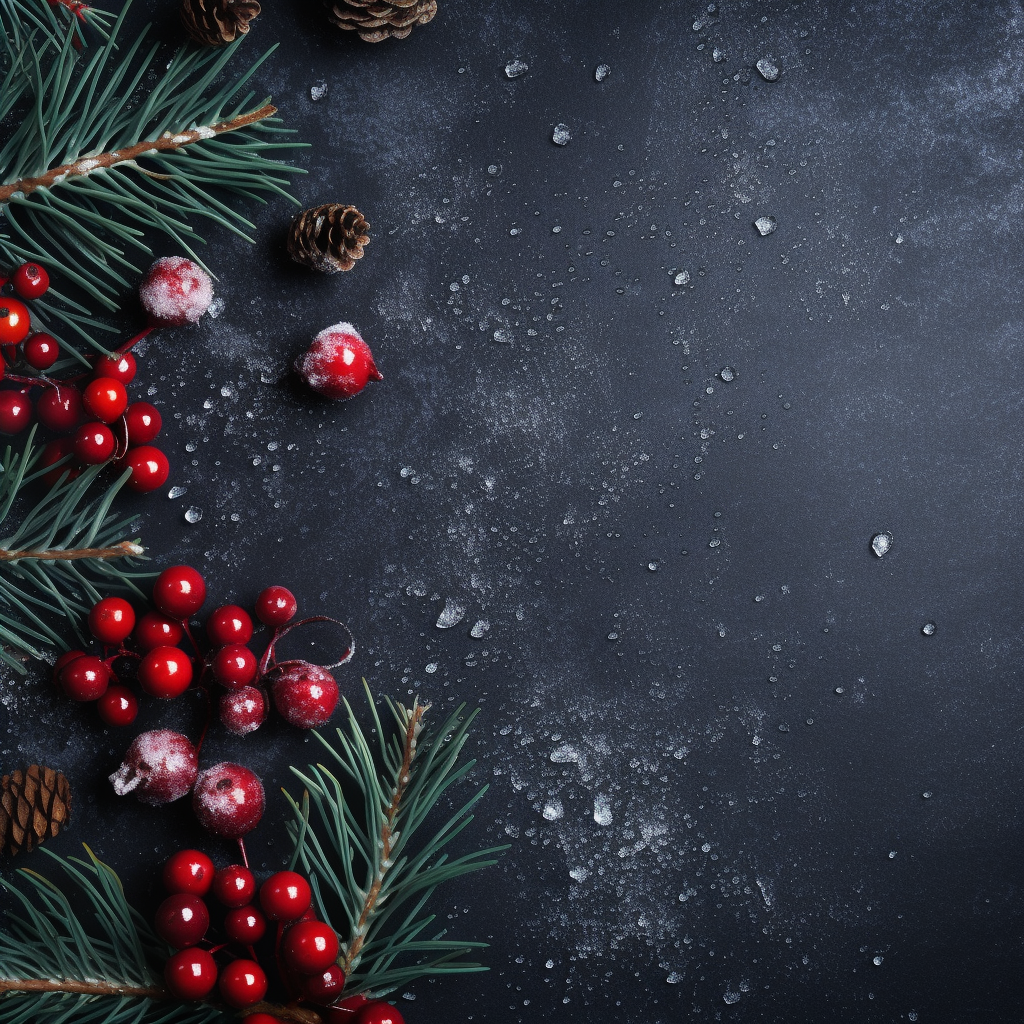 Red Berries and Pine on Dark Background