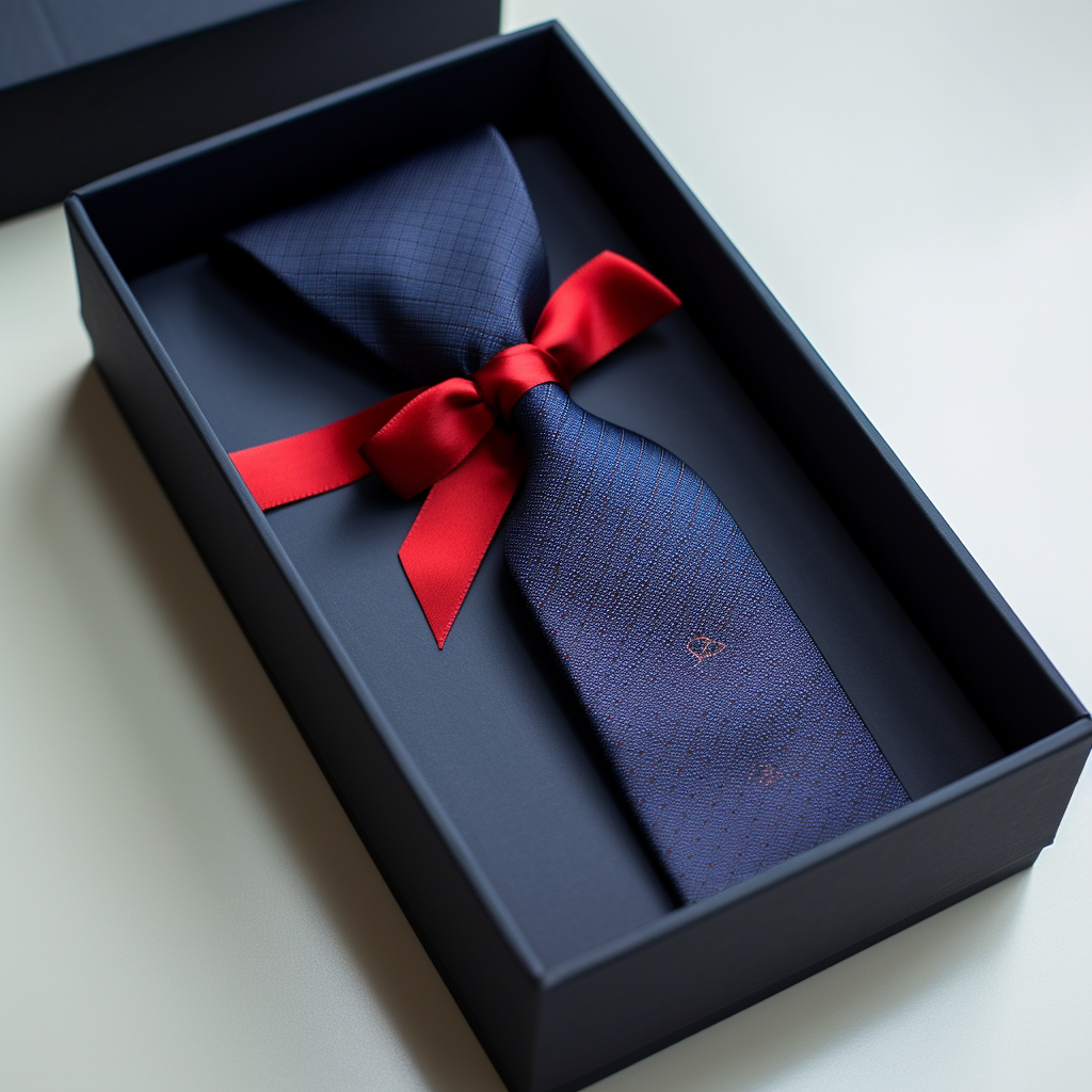 Dark blue gift box with red ribbon