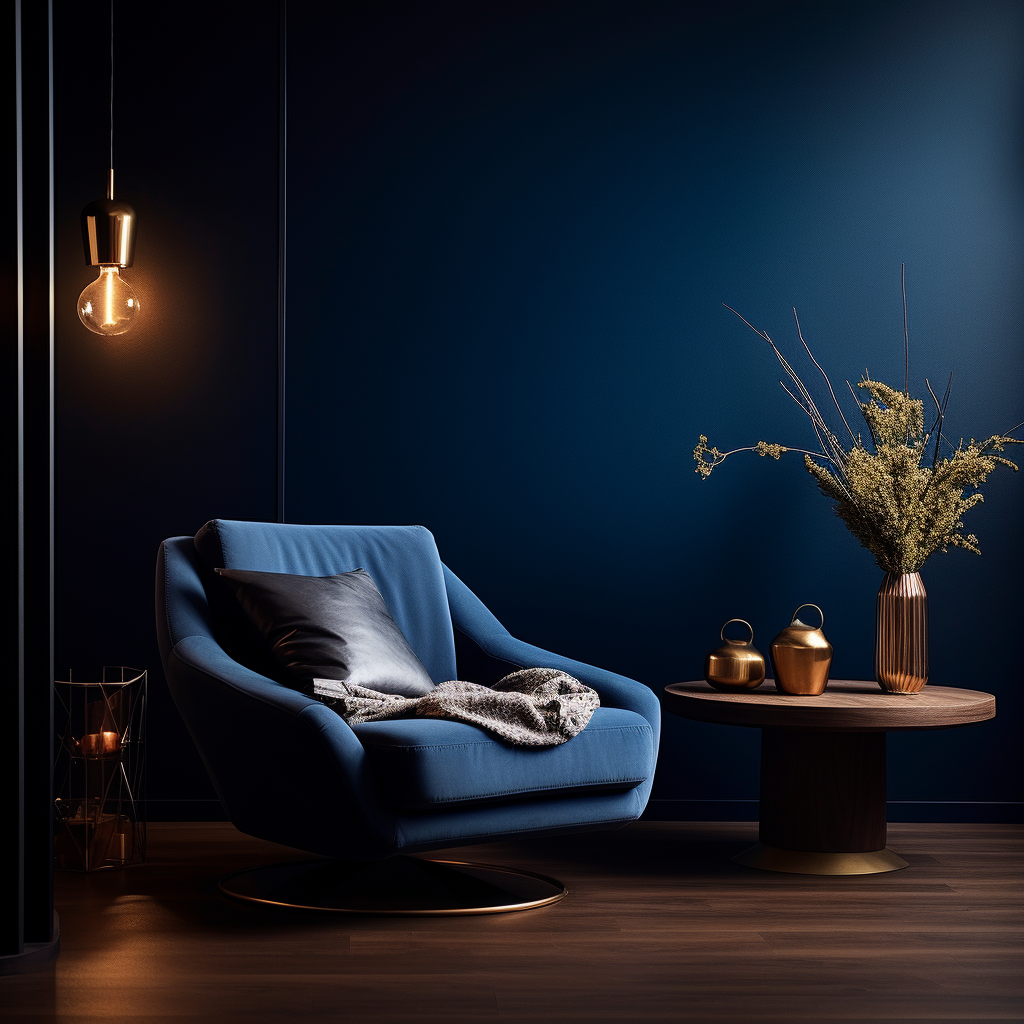 Stylish living room with dark blue accents