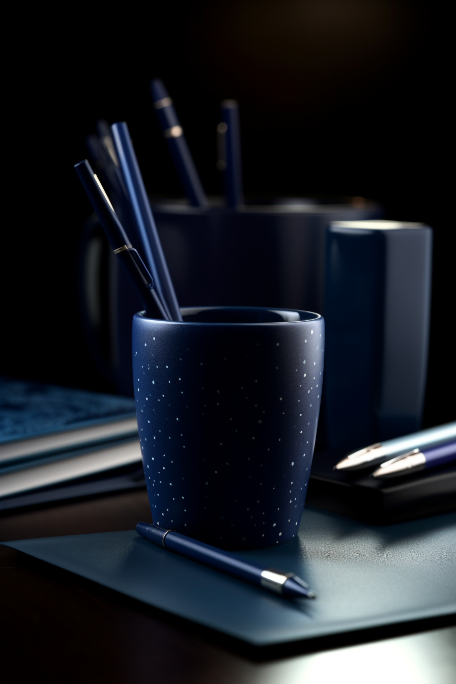 Dark Blue Stationary Set of Notebooks and Pens in Coffee Mug