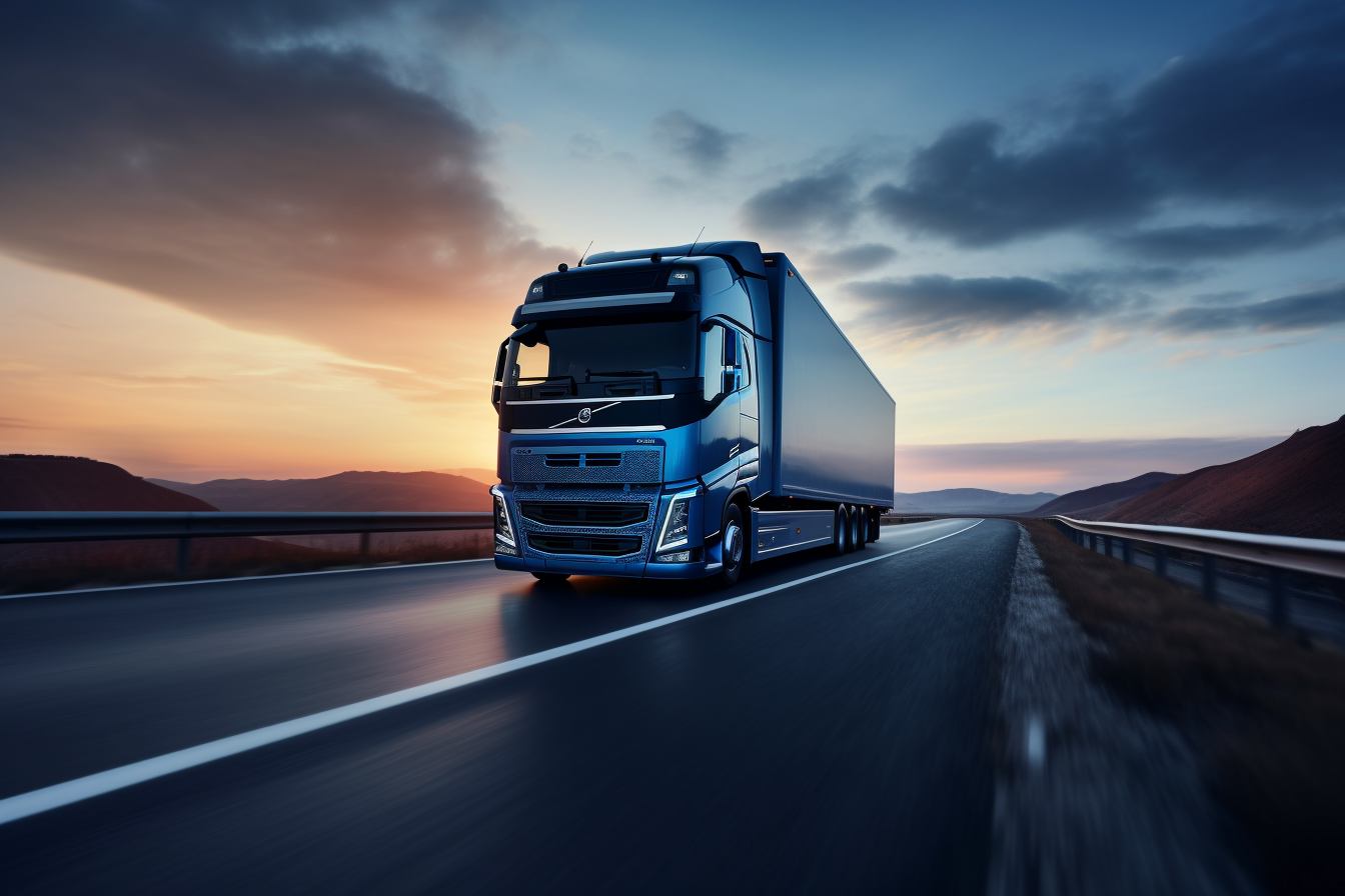 Dark blue Volvo truck on blue road