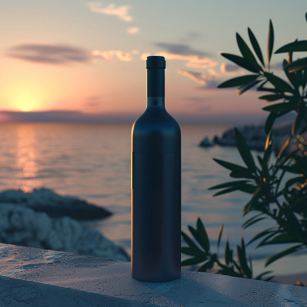 Wine bottle in calm Ibiza sunset