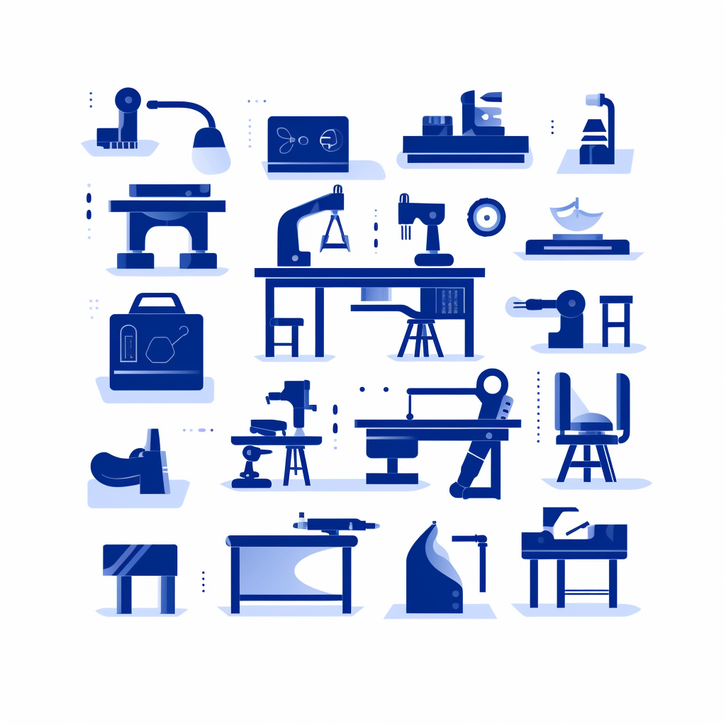 Dark blue work bench icons on white background