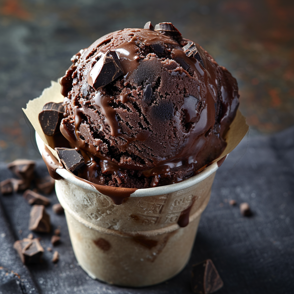 A cup of dark chocolate ice cream with cookies