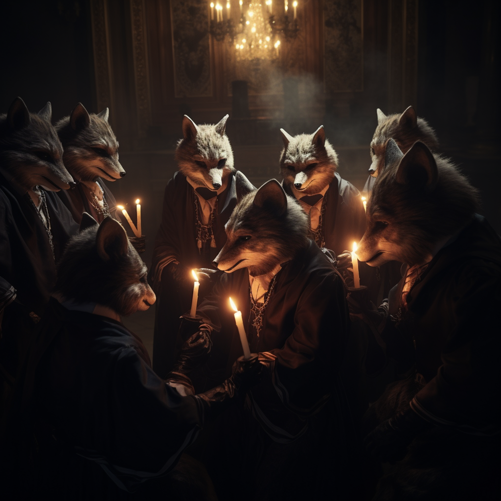 Dark cult cosplayers with fox kitsune masks and candles