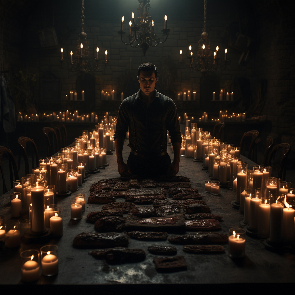 Man Standing Before Lit Dark Dinner Table