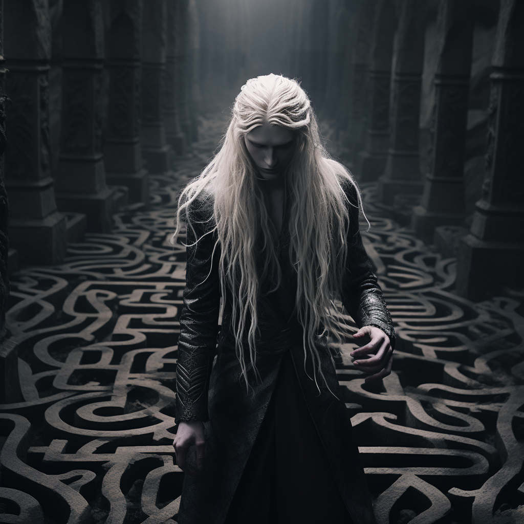 Dark elf in labyrinth with long white hair