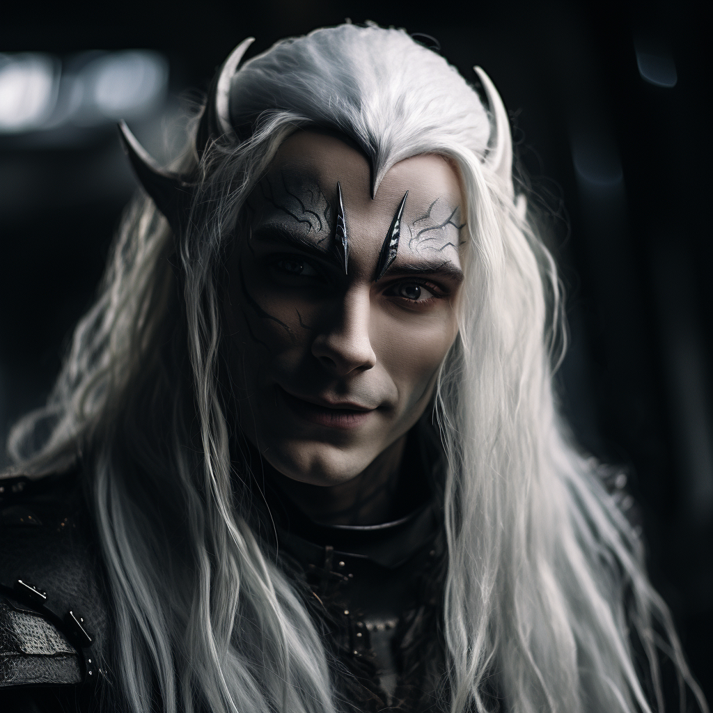 Smiling dark elf man with long white hair