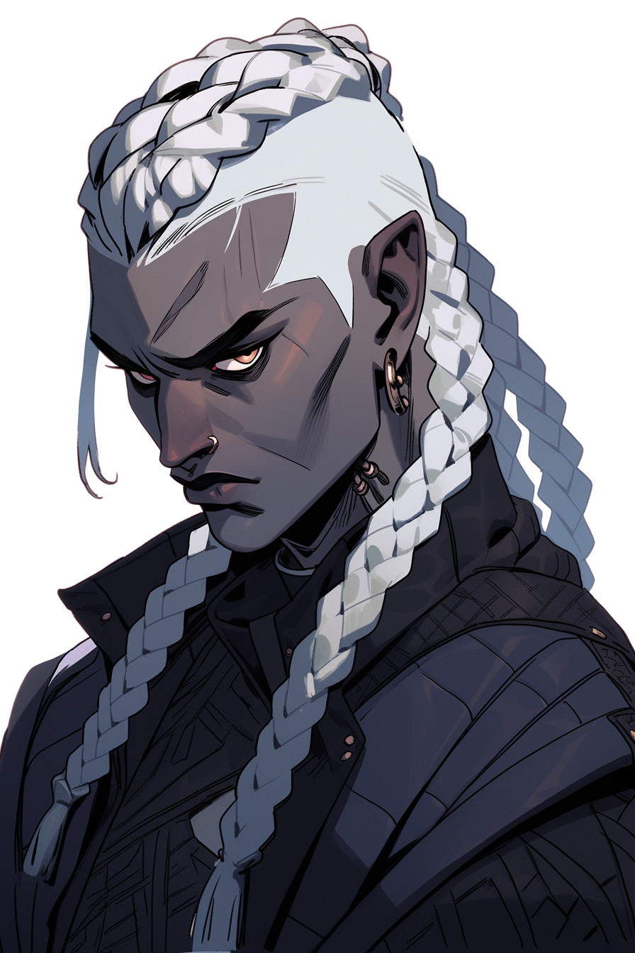 Cartoon dark elf with white hair in portrait