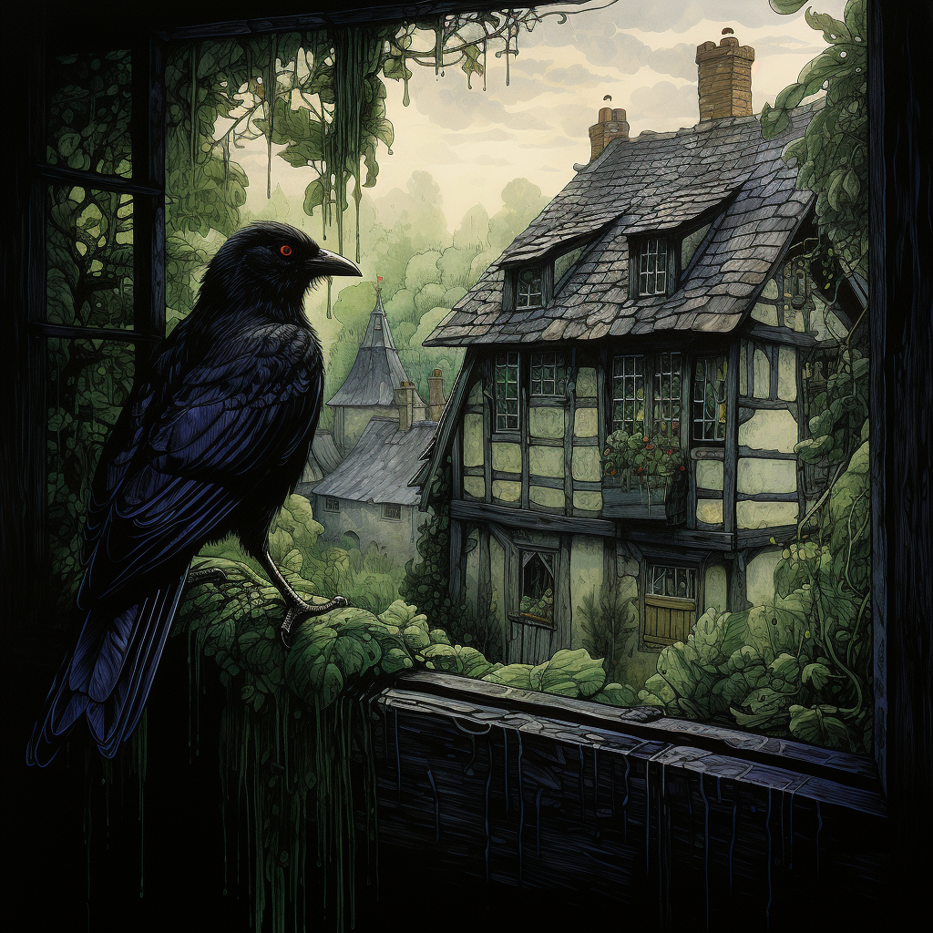 Dark Fantasy Crow at Cottage Window