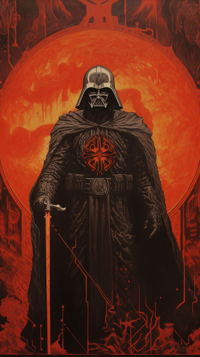 Paper art drawing of dark fantasy book cover with Darth Vader