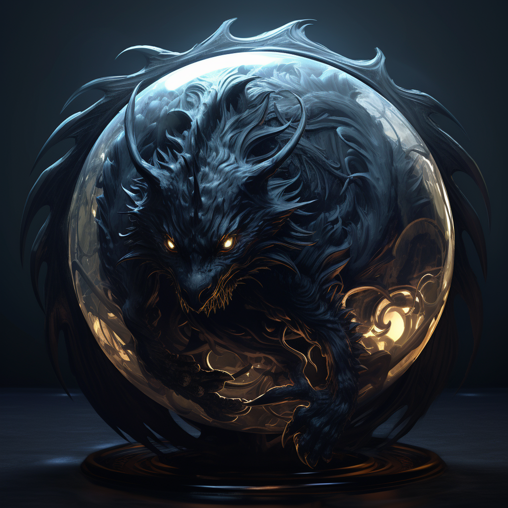 Dark fantasy chimera with dragons and spheres