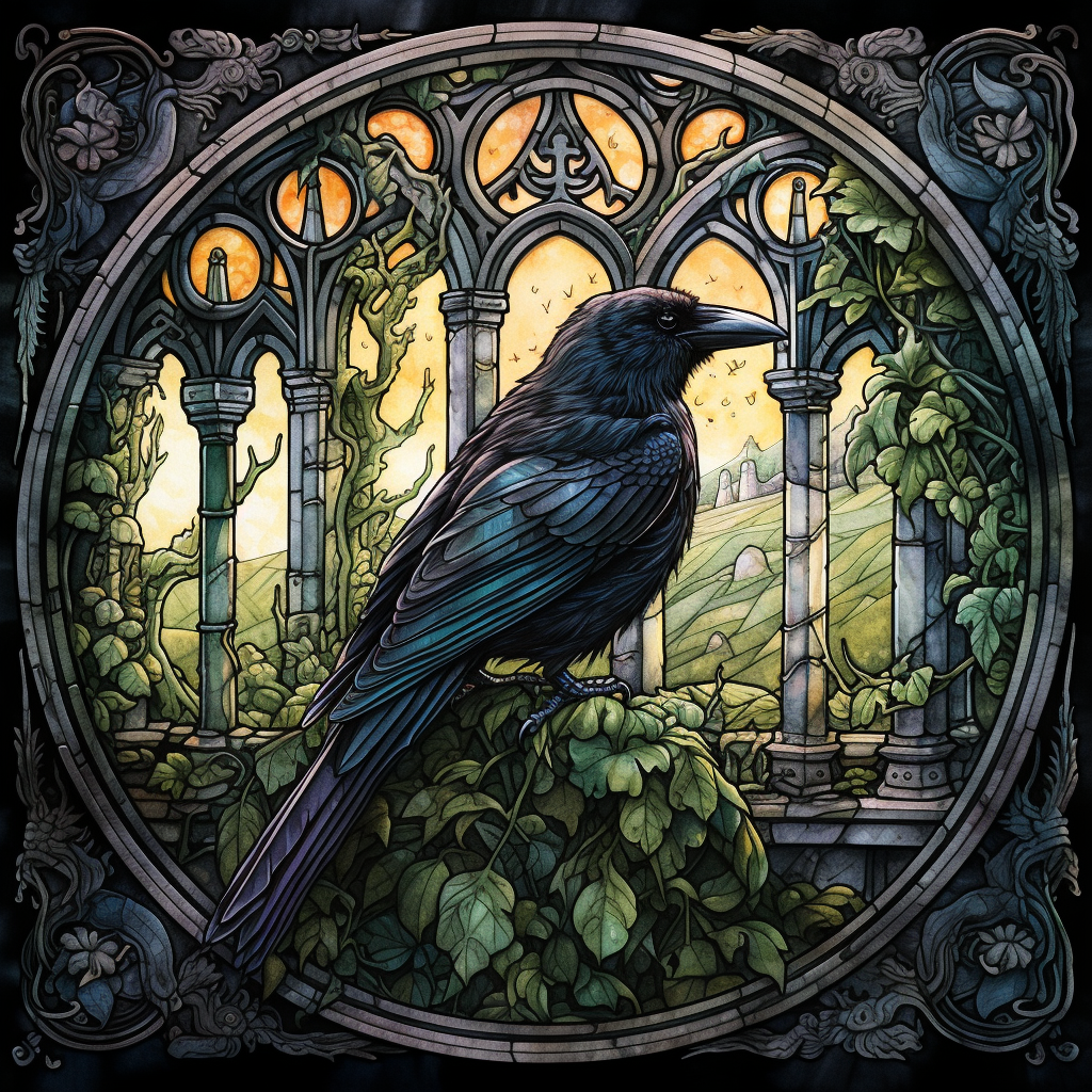 Gothic Crow Perched in Medieval Window