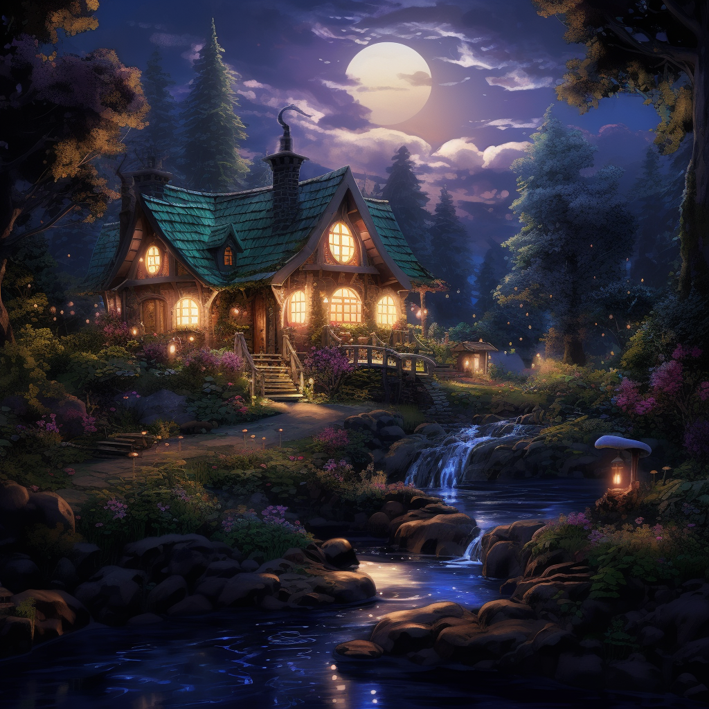 Cozy house at night with patio