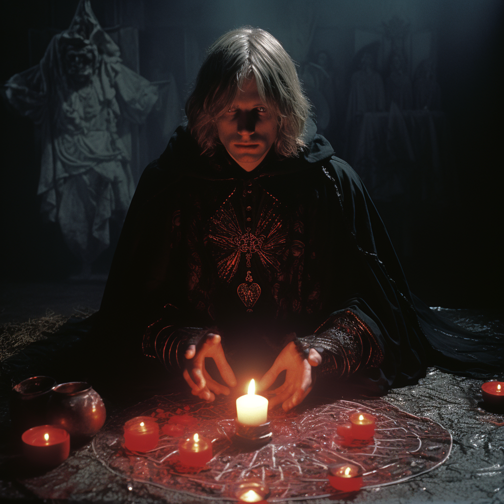 Evil cultist praying at profane altar