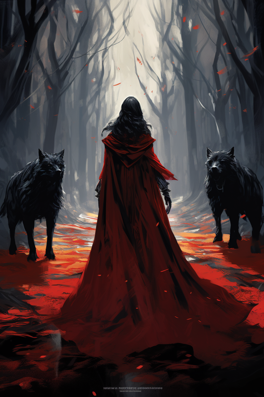 Giant black wolf and warrior woman in dark fantasy forest