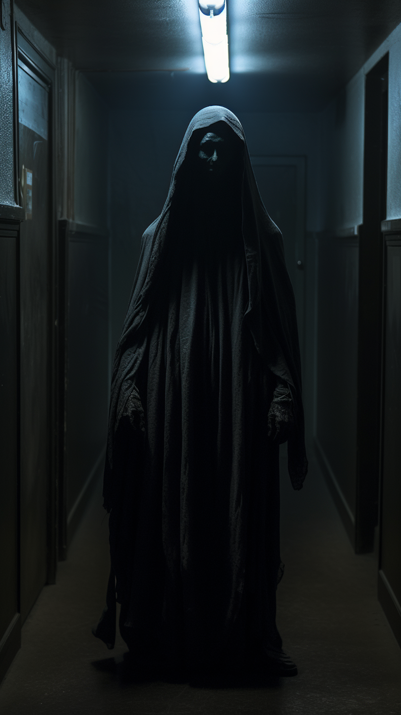 Spooky dark fantasy ghost in hallway