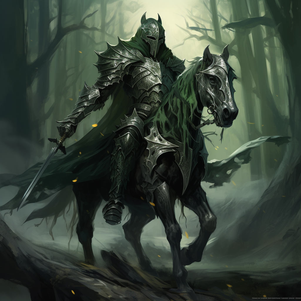 Mysterious green knight in dark fantasy world