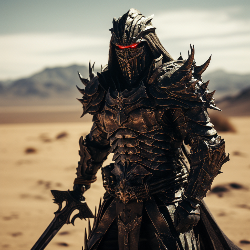 Dark fantasy knight in desert with flametongue samurai armor