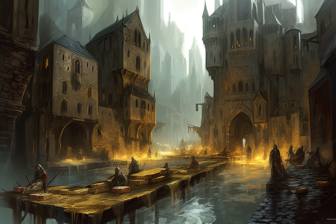 Dark Fantasy Magic Gathering: Medieval City in Melting Cheese