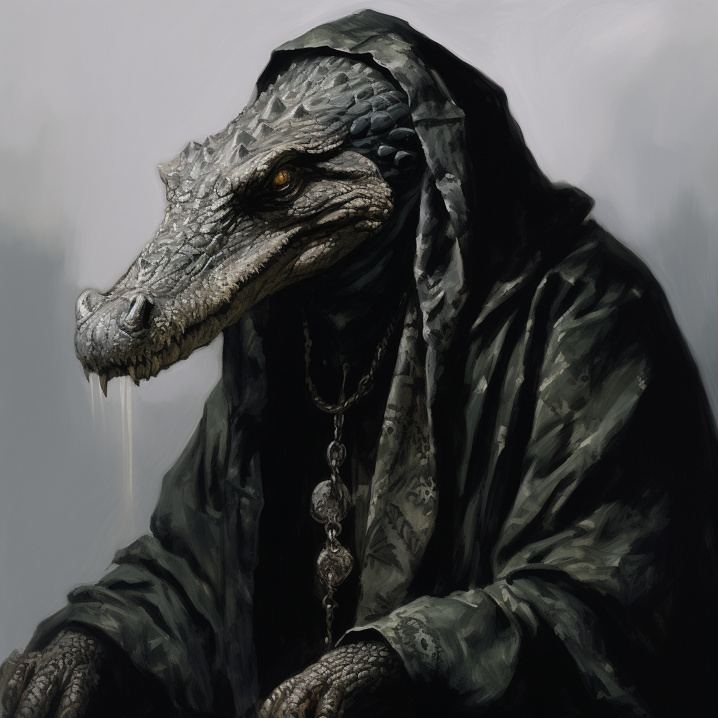 Intimidating medieval old woman in alligator robes