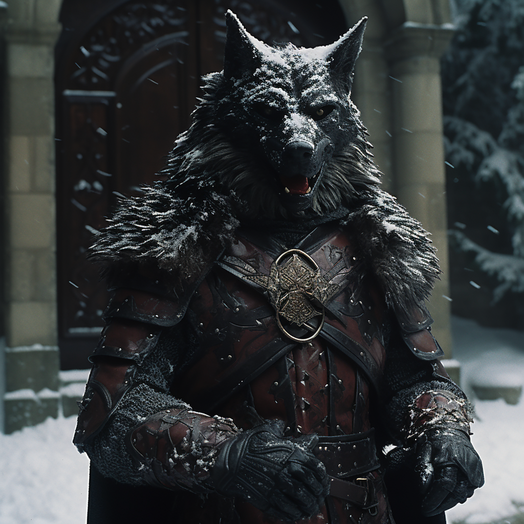 Wolf knight in snowy castle courtyard