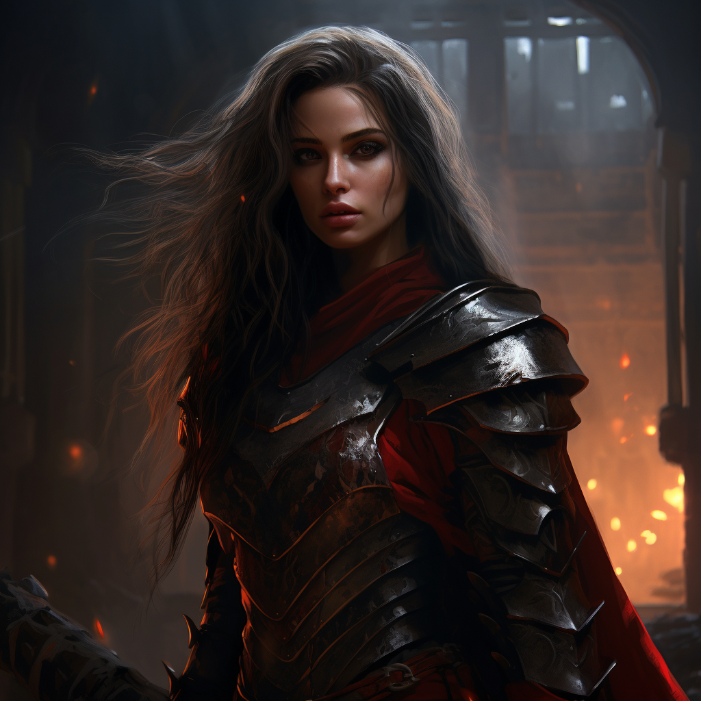 A powerful woman in a red knight's armor