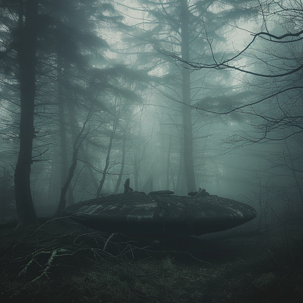 Dark foggy forest with aliens