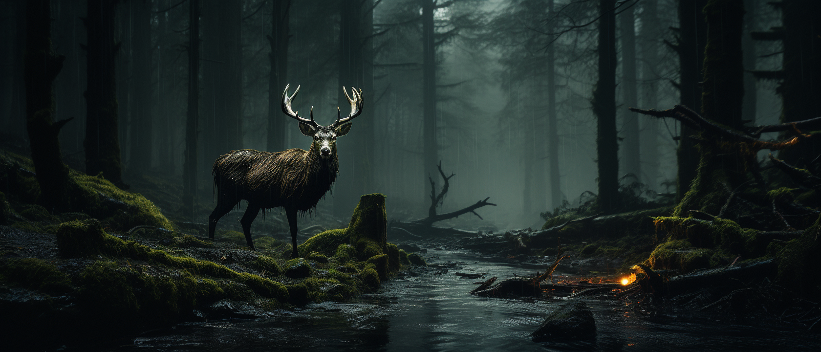 Majestic deer in spooky dark forest