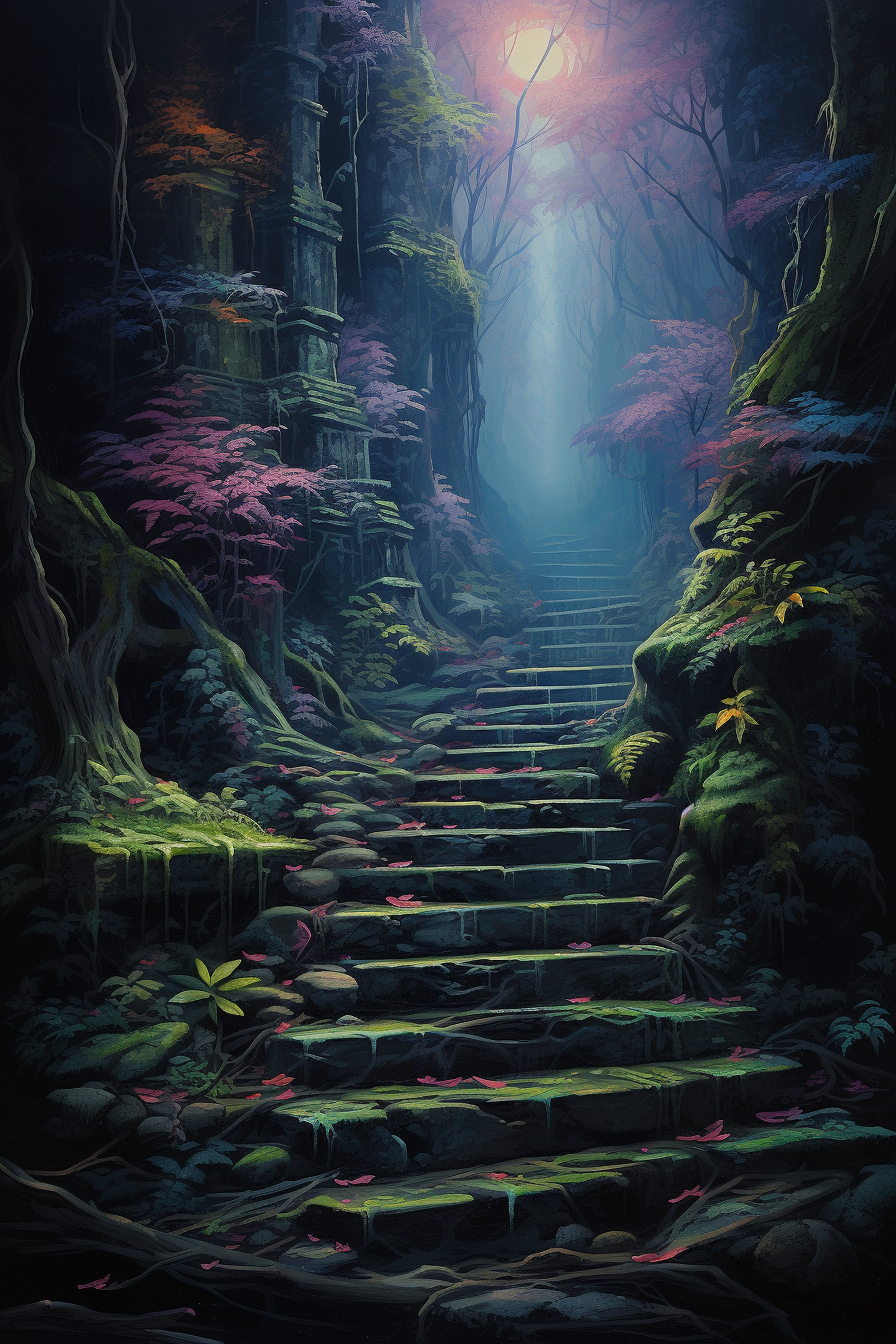 Moss-covered stairs in a dark forest