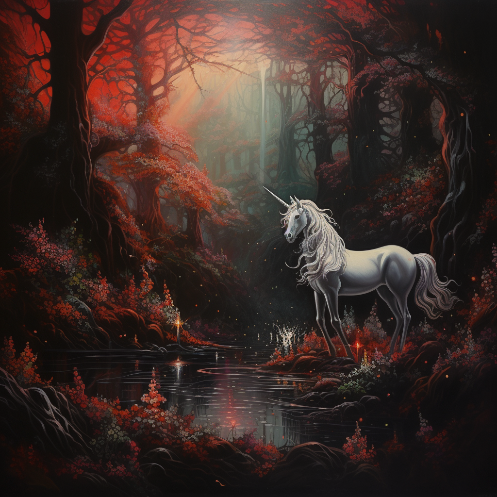 Majestic unicorn in dark forest