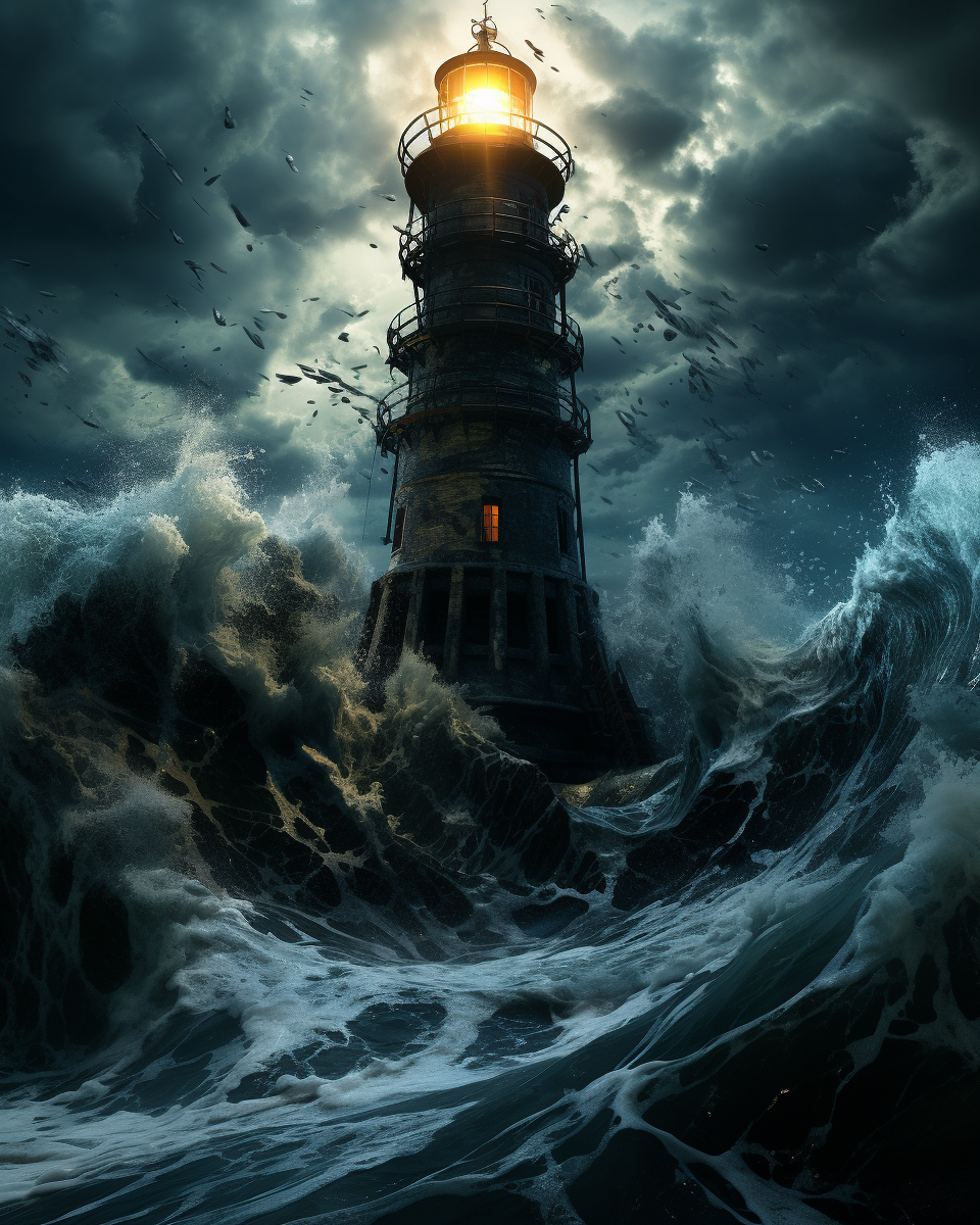 Broken lighthouse in dark futuristic setting