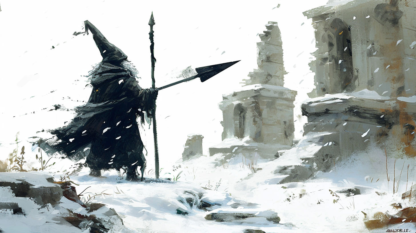 Illustration of a dark gnome holding a black spear